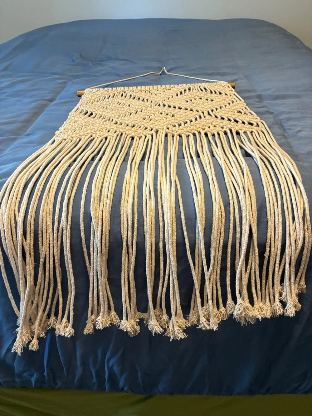 Handmade Macrame Wall Hanging with Wooden Rod and Fringe